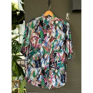 Vintage Xinqu Large Tropical Multicolor Abstract Watercolor Short Sleeve Shirt